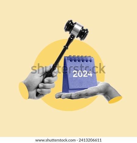Hand with gavel, 2024, Lawyer, calendar, hand with calendar, Event, Authority, New year, Calendar, Punishment, Crime, Criminal, Countdown, Guilt, Guilty, Decisions, Law, Day, January, Blank space Royalty-Free Stock Photo #2413206611