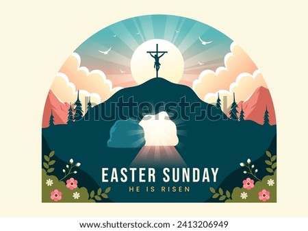 Happy Easter Sunday Vector Illustration of Jesus, He is Risen and Celebration of Resurrection with Cave and the Cross in Flat Cartoon Background