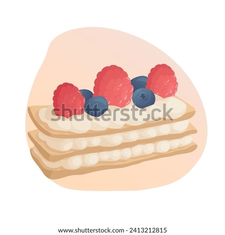 Berry and Creamy White Chocolate and Yogurt Mille Feuille. Bakery, sweet food, raspberry and blueberry dessert, pastry concept. Vector illustration for poster, banner, cover, card, postcard, menu. Royalty-Free Stock Photo #2413212815