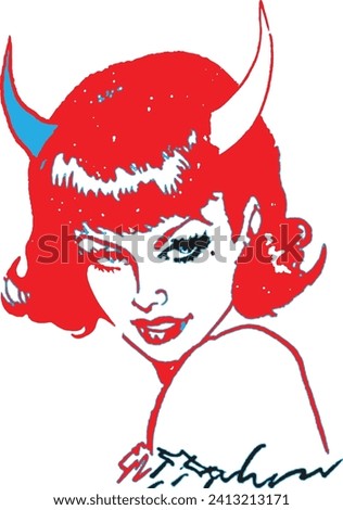 horned vintage pin up girl, horned lady, demon girl, retro 50s, 40s style clip art, bang cut girl, tattoo flash design