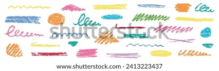 Crayon brush underline color stroke. Chalk kid highlight scribble stroke. Vector hand drawn brush underline element set for accent, crayon texture emphasis element. Rough chalk vector illustration Royalty-Free Stock Photo #2413223437