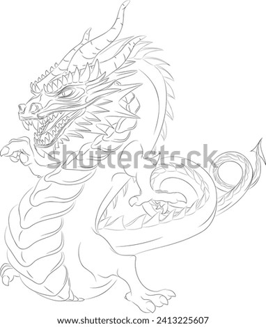 Line art of dancing dragon without wings Vector illustration of an Asian dancing wood dragon pointing with its right paw finger. Chinese dragon with horns, teeth, mustache, paws, tail and horny scales