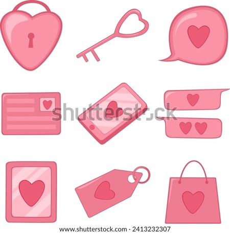 Set of Valentine's day hand drawn vector illustration. 
Heart locks, keys, heart bubbles, ID cards, cellphones, chat bubbles, heart frames, labels and bags.