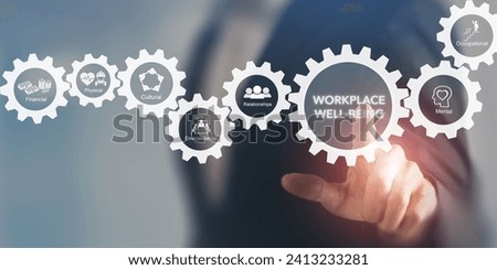 Workplace wellbeing concept. Creating employee benefits and satisfaction programs. Fostering a positive work culture and employee engagement. The physical, mental and emotional health of employees. Royalty-Free Stock Photo #2413233281