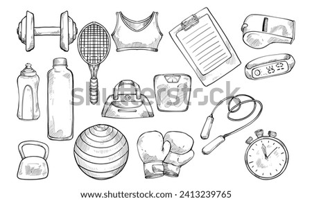 sport equipment handdrawn engraving doodle collection