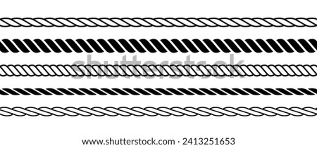 Set of repeating rope pattern. Seamless hemp cord line collection. Chain, braid, plait stripes bundle. Horizontal decorative plait motif. Vector marine twine design elements for banner, poster, frame Royalty-Free Stock Photo #2413251653