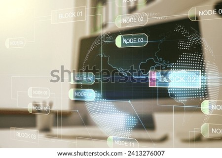 Abstract creative coding concept with world map and modern desktop with computer on background. Multiexposure
