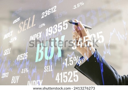 Man hand with pen working with abstract virtual financial graph on blurred office background, financial and trading concept. Multiexposure