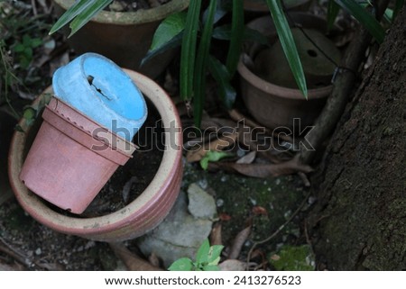 blue plastic cat feeding container left unattended. potential breeding site for mosquitoes.  Royalty-Free Stock Photo #2413276523