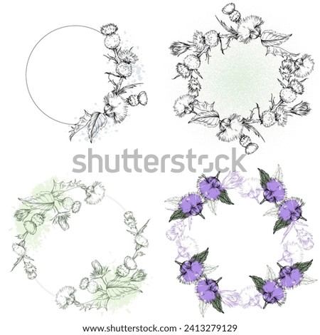 Scottish Thistle Flower circle frame. Hand drawn round line border, leaves and flowers.