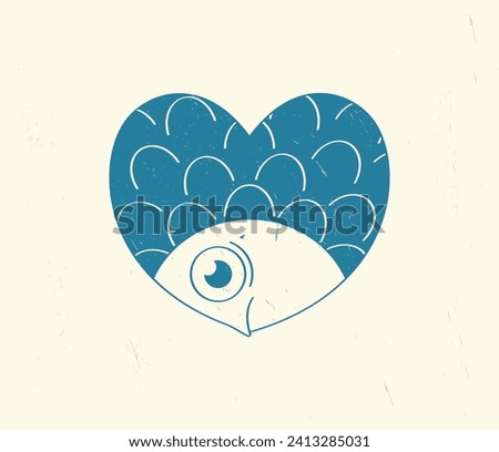 Heart in the form of a fish or fish in the shape of a heart. Valentine's Day clip art with texture pattern. Card with an unusual decor, a cartoon cute sad fish in a retro motif. Vector illustration.