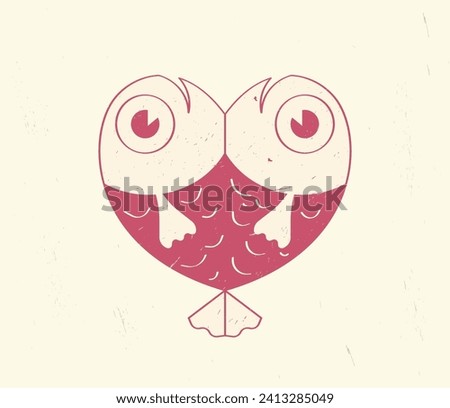 Isolated heart made from a pair of cartoon fish. Cute cartoon decor of two simple textured fish in the shape of a heart. Original clip art for Valentine's Day in 2 colors. Vector illustration.