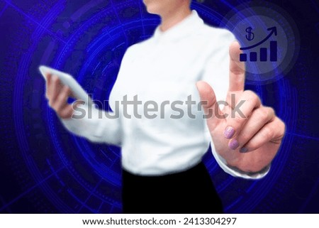 Lady In Uniform Standing Hold Phone Virtual Press Button Futuristic Tech.