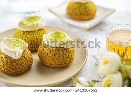 Choux cream matcha, green tea, dessert, pastry, cream puff, confectionery, culinary, matcha-flavored, Japan, delicious, creamy, sweet