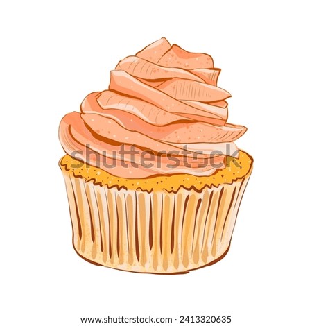 Festive cupcake with cream. Realistic style. Hand drawn illustration isolated on white background. Graphic element for pastry shops, cafe and bar menus.