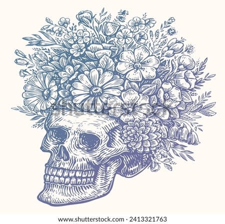 Human Skull with flowers, sketch drawing. Hand drawn vector illustration isolated on white background