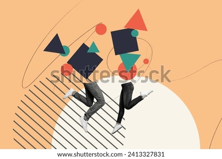 Creative collage picture black white caricature half humans couple run jump dance together colorful figure doodle sketch exclusive template