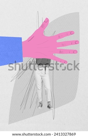 Vertical collage creative poster monochrome effect woman stand large human hand hide head half body sketch draw template