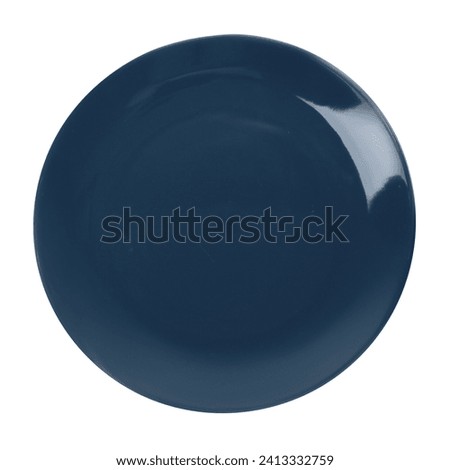 One dark blue ceramic plate isolated on white, top view
