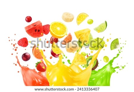 Juice fruit mix splash. Isolated vector vibrant fruity eruption, colorful splashing, realistic refreshing blend of citrus, berries, and tropical flavors. Delightful explosion of taste and color Royalty-Free Stock Photo #2413336407