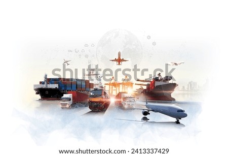 Global business logistics import export of containers cargo freight ship loading at port by crane, container transport, cargo plane, truck to port background Royalty-Free Stock Photo #2413337429
