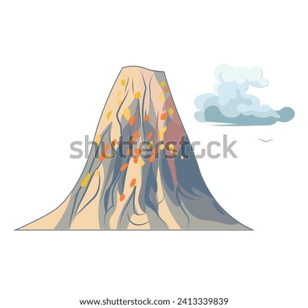 Volcano of colorful set. The delight of a volcanic eruption portrayed in a captivating cartoon design, with a fluffy cloud of smoke hovering above. Vector illustration.