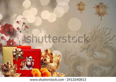 The auspicious Red gift box for Chinese New Year celebrations displayed with the golden dragon on the copy space for banner. Abstract and background concept.
