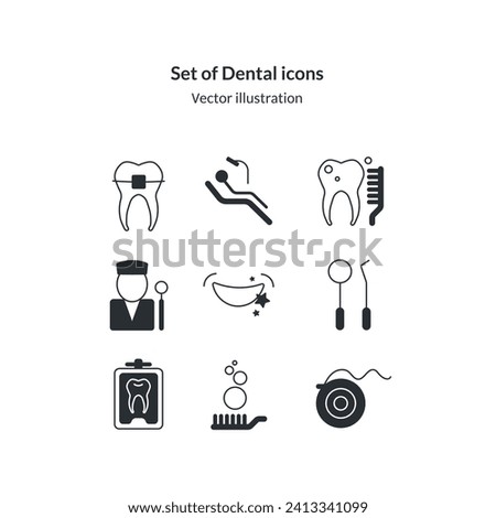 set of black and white teeth icons vector illustration. Dental outline icons. healthy teeth and instruments vector icons. Concept of medical cabinet