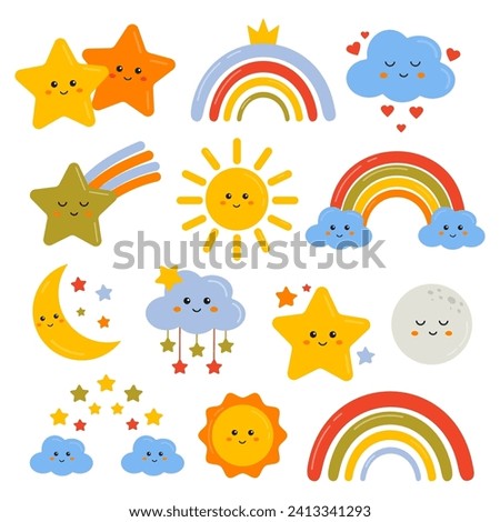 Funny vector icon set of rainbow, sun, cloud, moon, star. Childish collection of weather elements. Cute rainbow clip art for holiday, nursery decoration, baby shower, clothing print, invitation, card.
