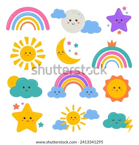 Clip art of funny rainbows, stars, sunny, moon, clouds in child friendly cute style. Weather elements, icon collection for holiday, nursery decoration, baby shower, clothing prints, invitation, cards.