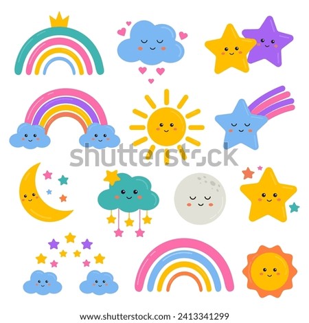 Cute collection with star, rainbow, cloud, moon, sun in cartoon style. Weather icons, kids friendly design. Rainbows and stars clipart for prints, t-shirts, holiday invitations, cards for children.