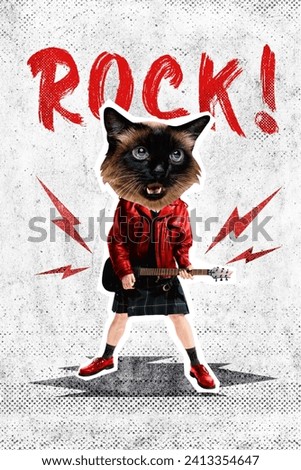 Poster. Contemporary art collage. Crazy rock star, human with cat's head holding electric guitar and singing creative energetic music. Concept of Rock-n-roll day, concert, festival. Magazine style. Royalty-Free Stock Photo #2413354647