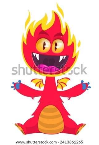Cartoon red monster with funny face expression sitting.  Vector illustration isolated on white. Great for Halloween party or package design.