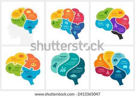 Puzzle Brain Medicine Infographic. Education Creative Thinking Illustration. Circle diagram 3, 4, 5, 6 parts, steps, options. Generate Idea Brainstorming Process. Psychology logo icon. Mental Health