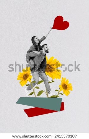 Composite collage image of funny couple piggyback valentine day dating park flowers love concept billboard comics zine minimal concept