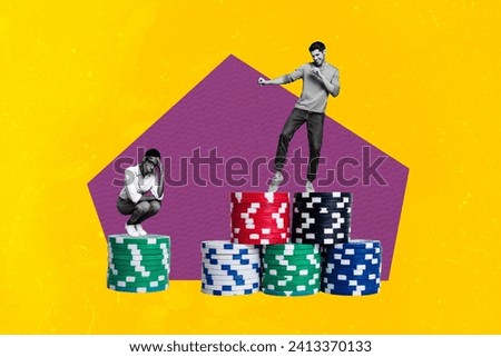 Artwork collage picture of happy guy celebrate victory dance on chips poker game theme isolated drawing background