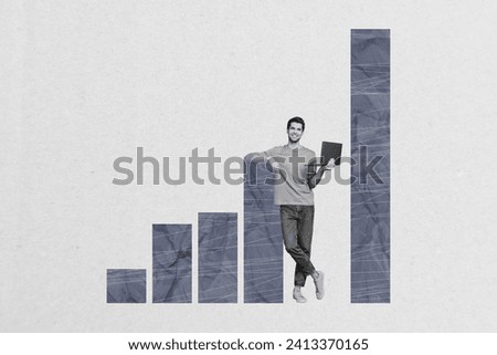 Creative collage picture illustration black white filter handsome excited successful man hold laptop work income exclusive white template
