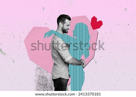 Creative collage picture of black white colors guy hug painted girl heart symbol isolated on pink drawing background