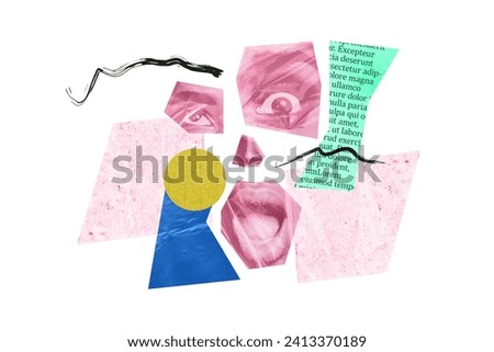 Collage creative poster colorful retro effect element face crazy eyes mouth nose weird grimace page doodle sketch white background