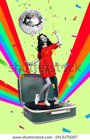 Creative vertical collage poster dancing young woman vintage party record player discoball festive event drawing background