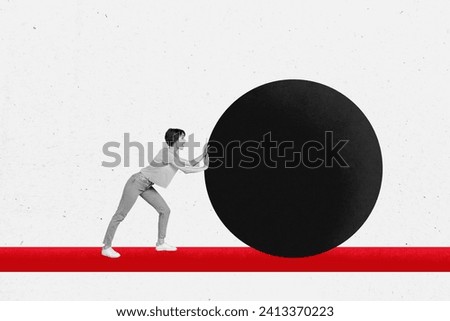Horizontal photo collage of miniature black white gamma woman work hard push ball circle solve problem reach target on white background