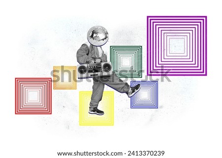 Creative picture collage banner dancing young man headless discoball instead face carrying cassette player party event promotion