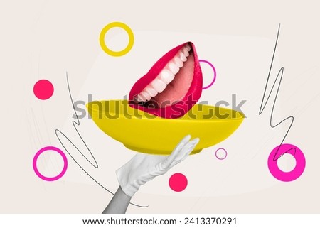 Collage image of black white effect arm glove hold plate mouth beaming smile red lips pomade isolated on drawing background