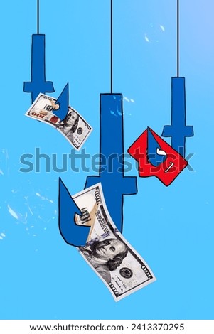 Vertical creative collage image social network messenger money dollar banknote hook shape collect cash catch water facebook icon