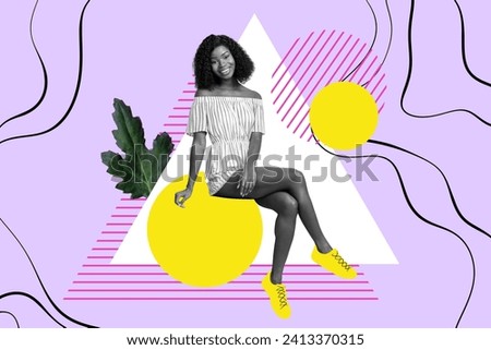 Creative collage poster image black white filter smile lovely beautiful young woman sit pose model sketch draw purple yellow background