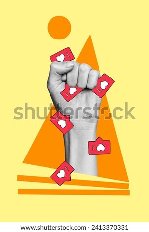Creative vertical collage poster retro arm holding many heart icons followers button like social network popularity blogging Royalty-Free Stock Photo #2413370331