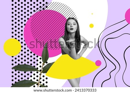 Creative collage picture illustration black white filter girlish charm lovely young lady pose model fashion sketch doodle colorful template