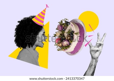 Photo image collage happy birthday celebration throwing sweet cake face young girl surprise joke festive event drawing background