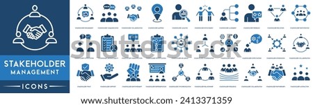 Stakeholder management Outline Icon Collection. Thin Line Stakeholder Engagement, Communication, Collaboration, Analysis, Feedback, Relations, Participation, Communication, Influence and Resilience Royalty-Free Stock Photo #2413371359