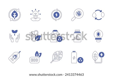 Ecology icon set. Duotone style line stroke and bold. Vector illustration. Containing bio energy, plug in, eco, ecology, eco tag, energy, light, search, renewable energy, recycle, recycling.